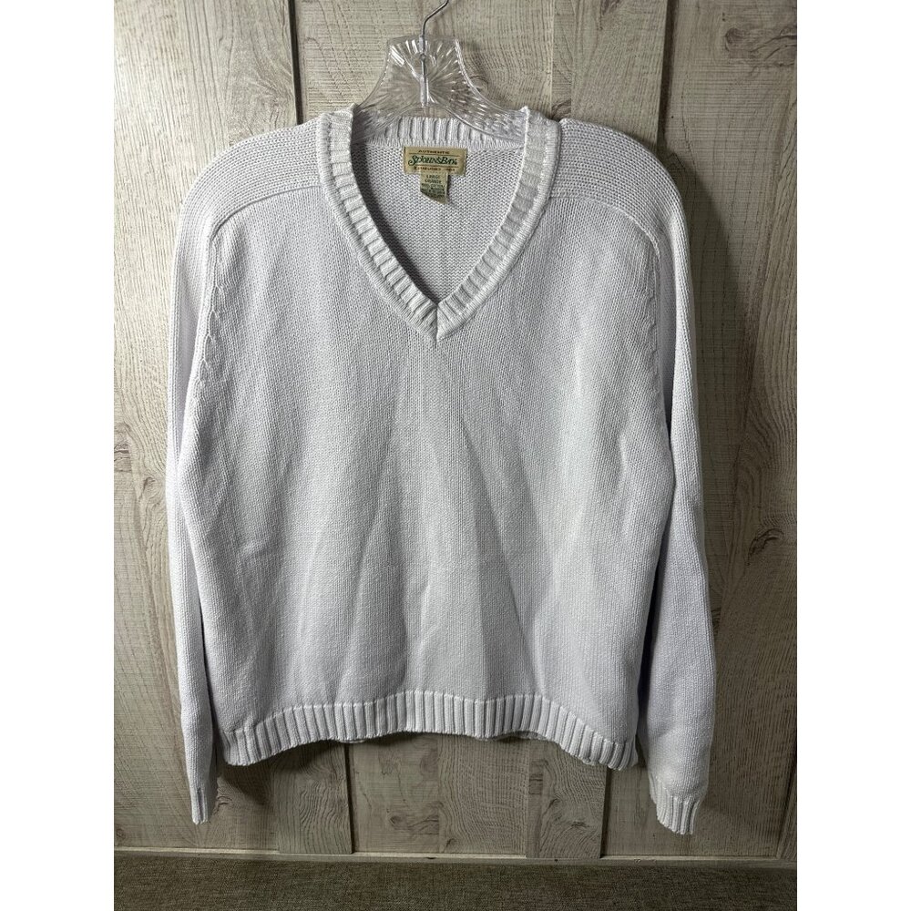 St. Johns Bay Authentic White V-Neck Sweater Large 100% Cotton Long Sleeve